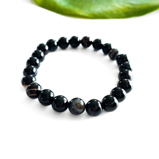 Black Striped Agate Bracelet - round bead