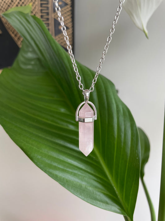 Rose Quartz Pendants - hanging double terminated point